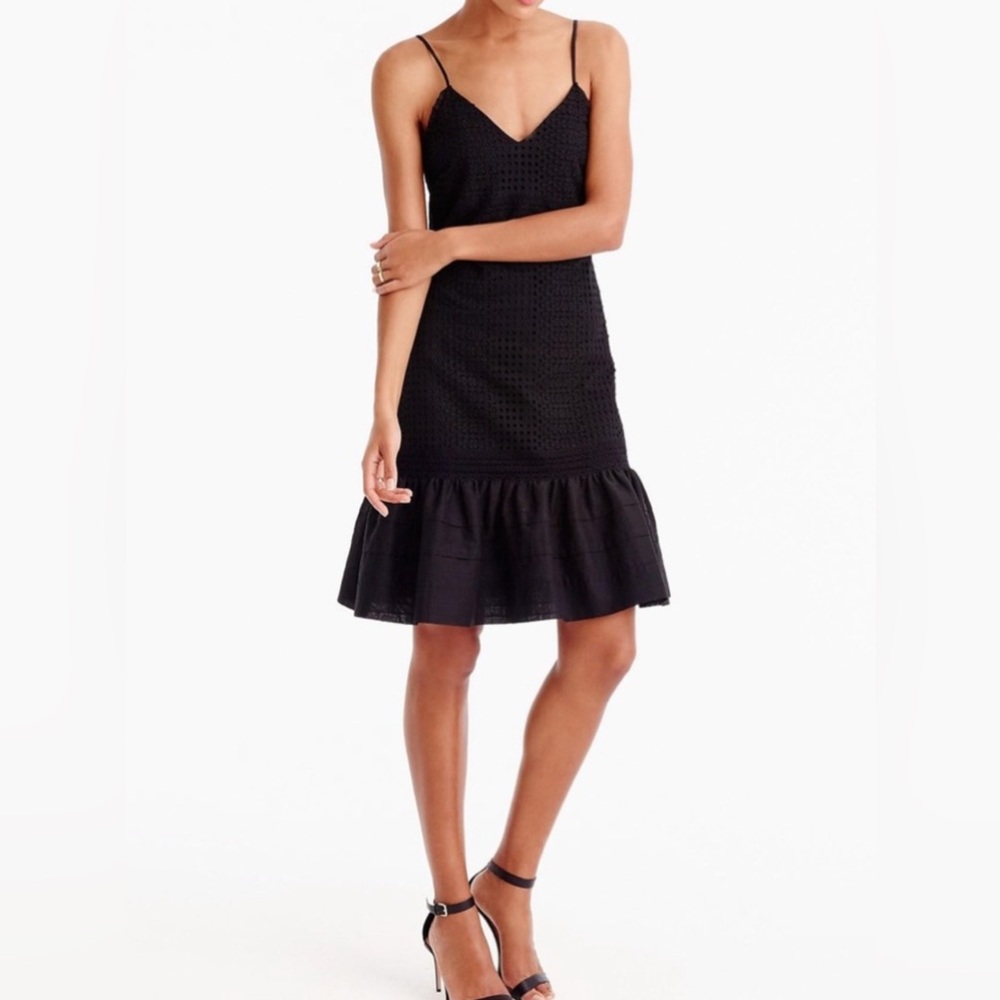 J. CREW RUFFLE-HEM SPAGHETTI-STRAP DRESS IN EYELET SZ 4 BLACK $248